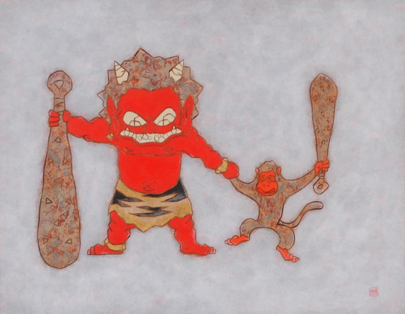 瀧下和之がアクリル画の絵画で描いた桃太郎シリーズの鬼と猿の絵「おて