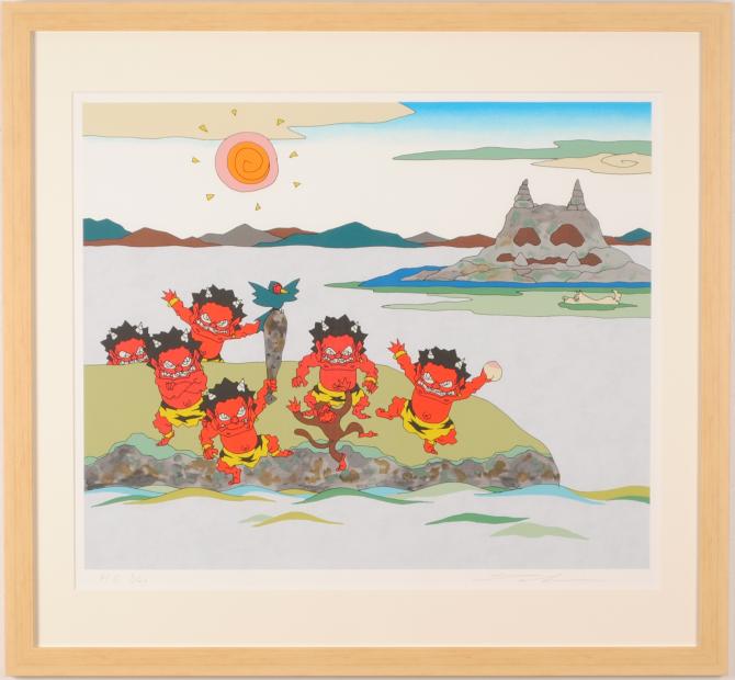 瀧下和之がシルクスクリーンの版画で制作した絵画「桃太郎図 鬼ヶ島で