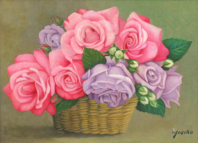 薔薇・絵・志村好子「花篭」（ピンク）油絵・F4