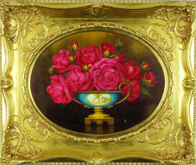 薔薇の絵・志村好子「薔薇」（赤色）・油絵・F6変形丸型