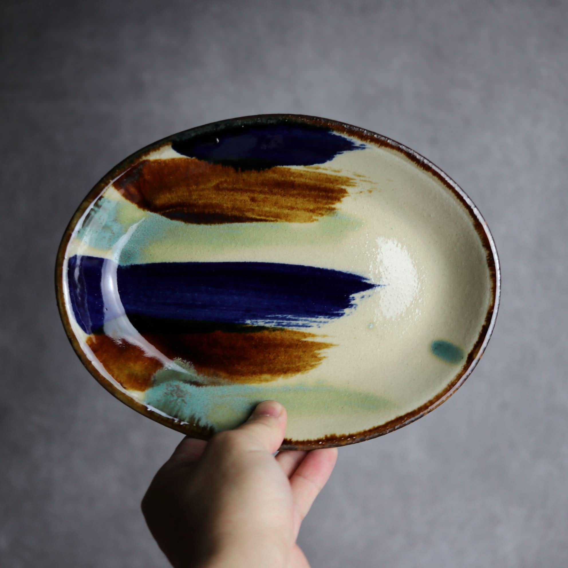 オーバル皿1 ライン紋 やちむん 陶器 エドメ陶房｜エドメ陶房