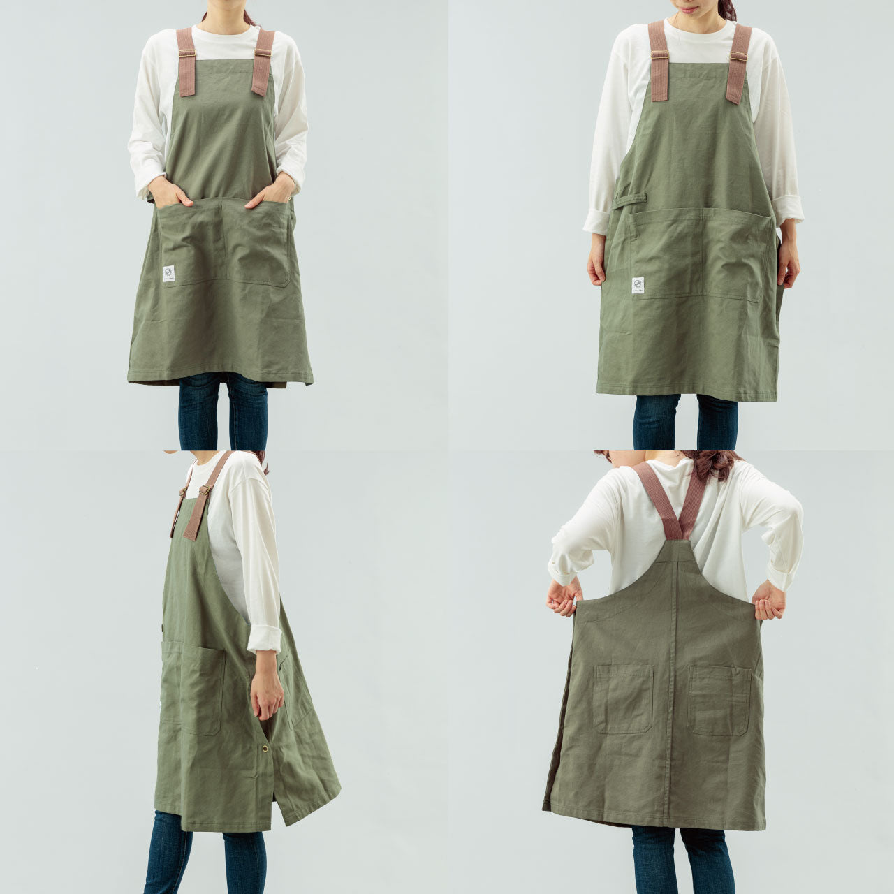 当店オリジナル カバーオールエプロン カーキ おしゃれ アウトドアや