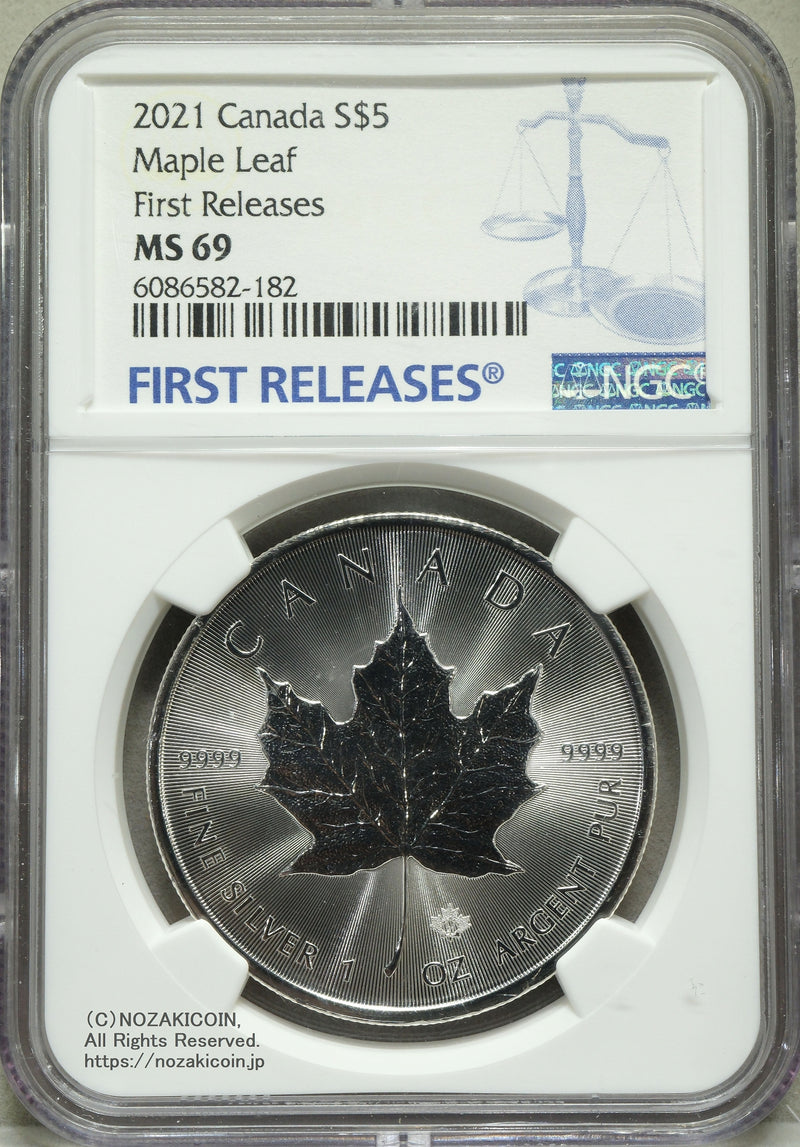 カナダ メイプルリーフ銀貨 2021年 5ドル NGC MS69 First Releases