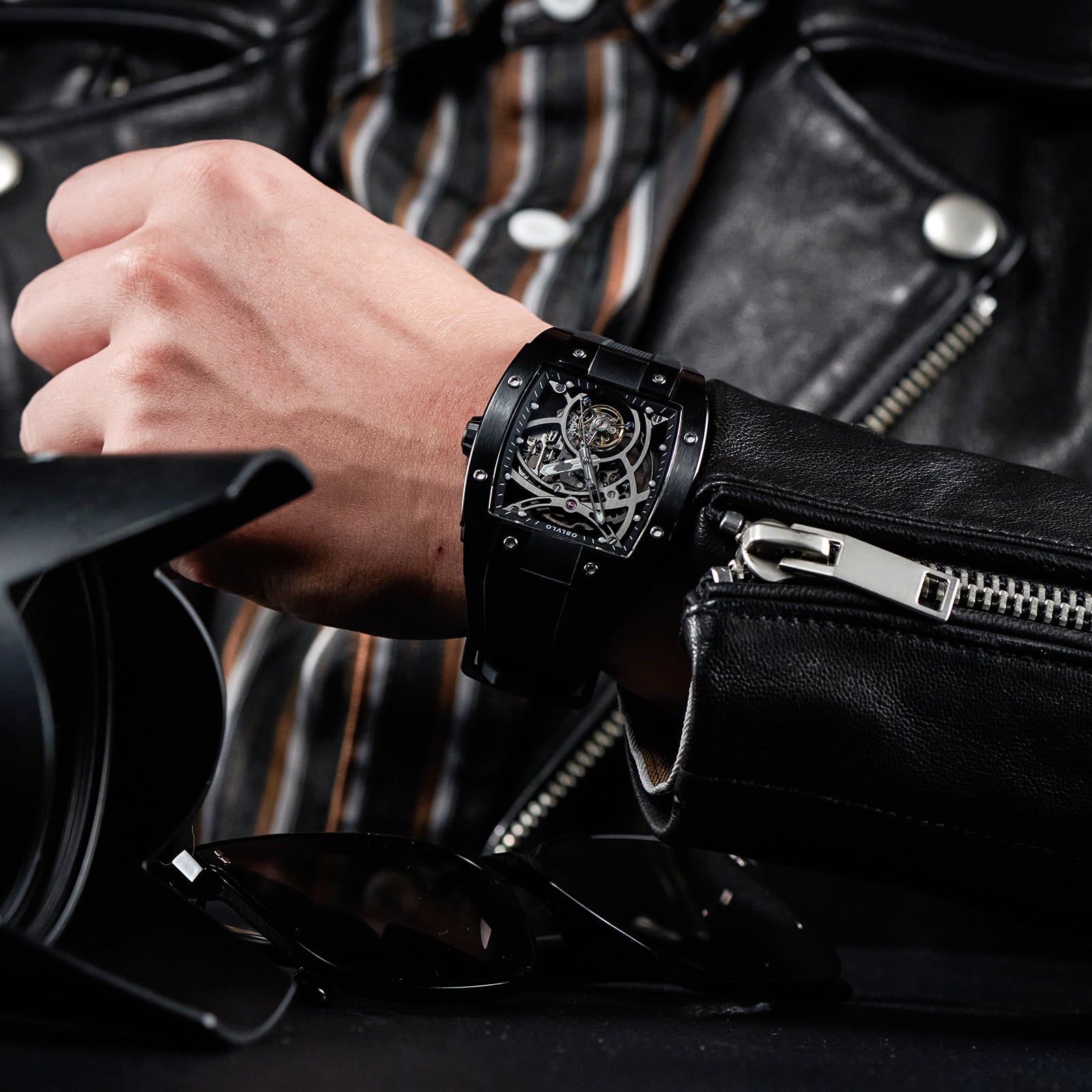 Best Luxury Skeleton Flying Tourbillon Watch - Black PVD Oblvlo EM-RT