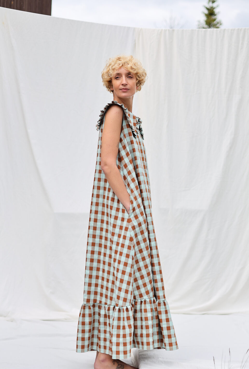 Puritan collar A line Maxi seersucker checks dress PHOEBE – OffOn