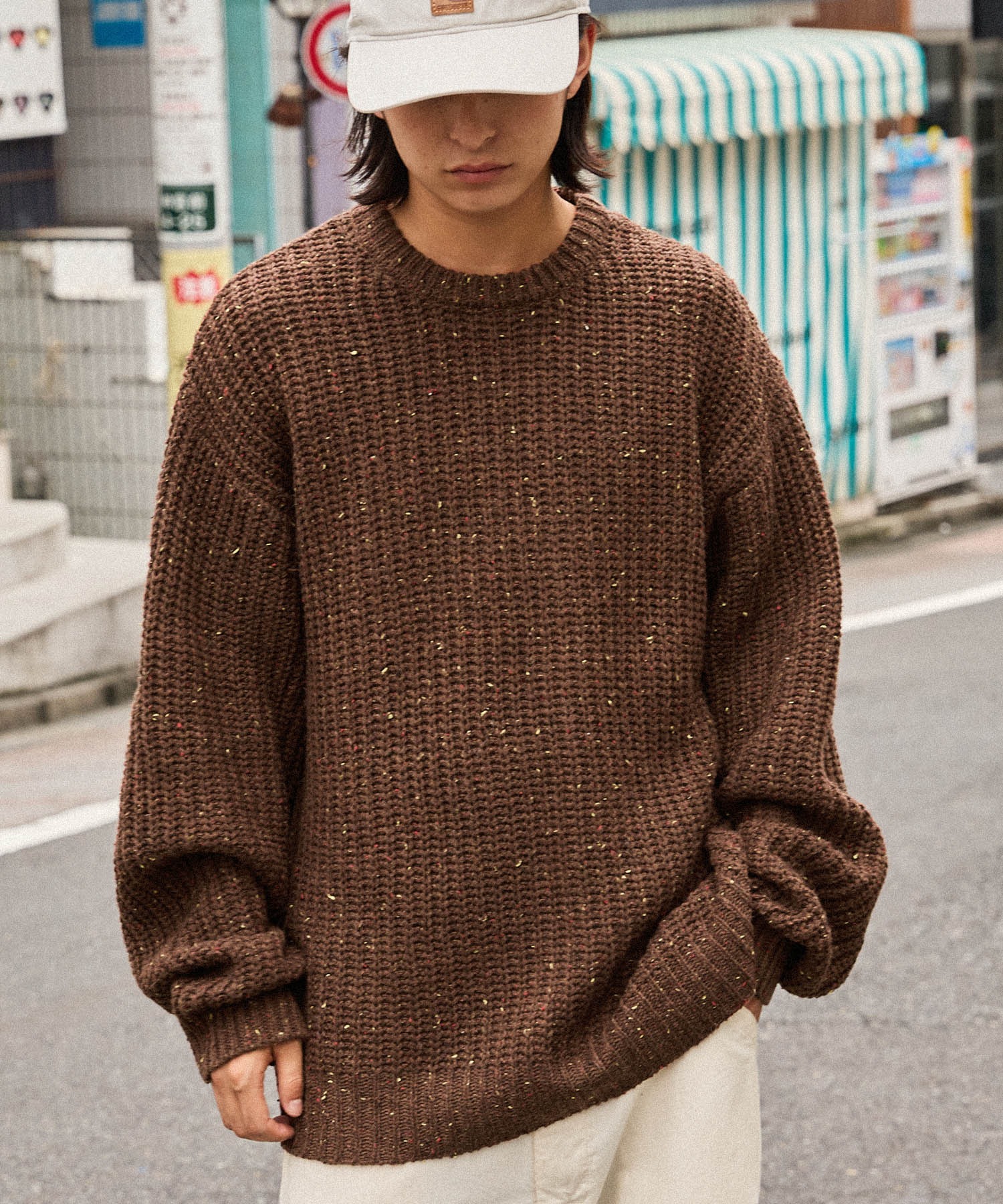 畦編みカラーネップ ビッグシルエットクルーネックニット MONO-MART