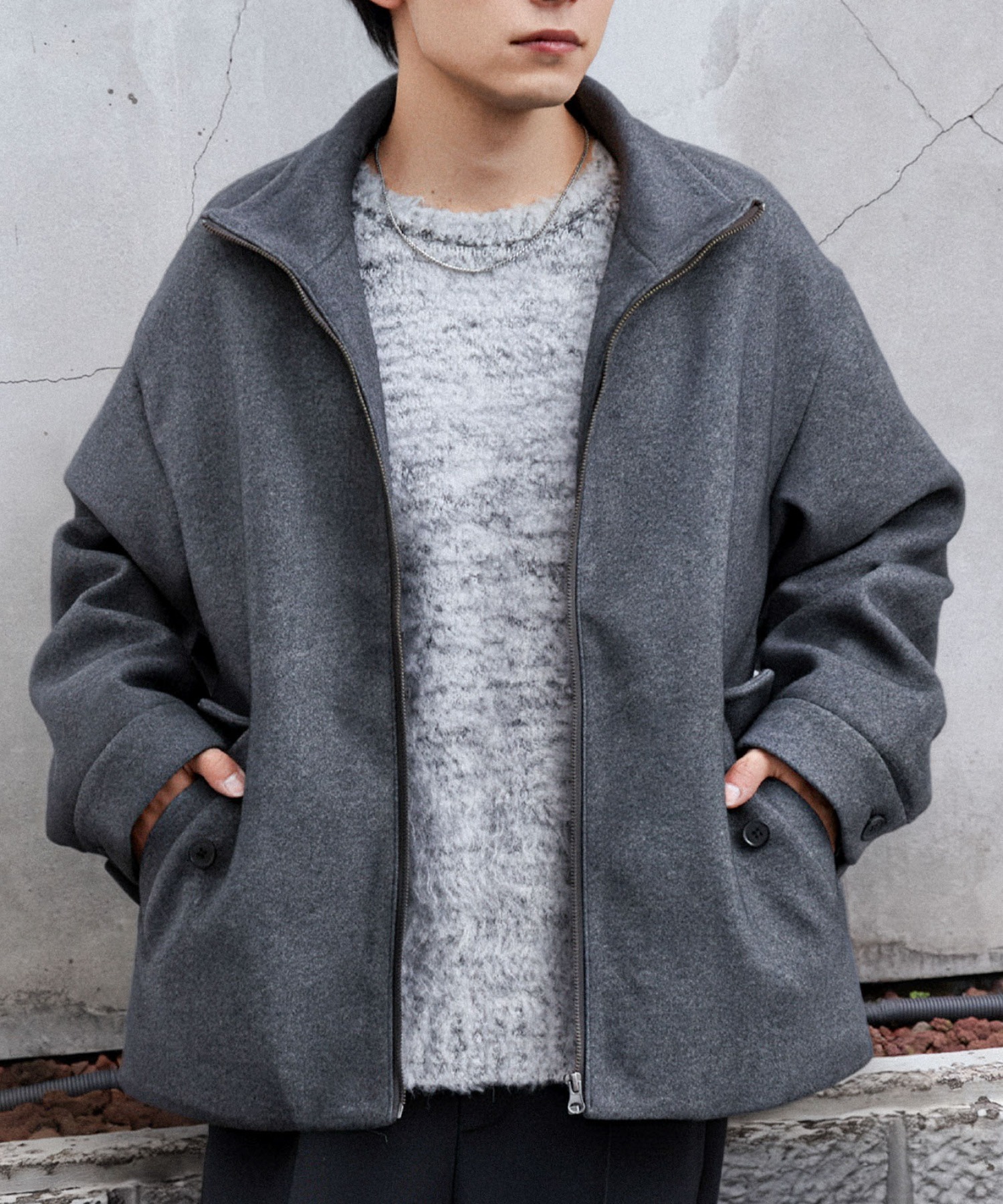 テックメルトン スタンドカラー ショートコートジップアップブルゾン