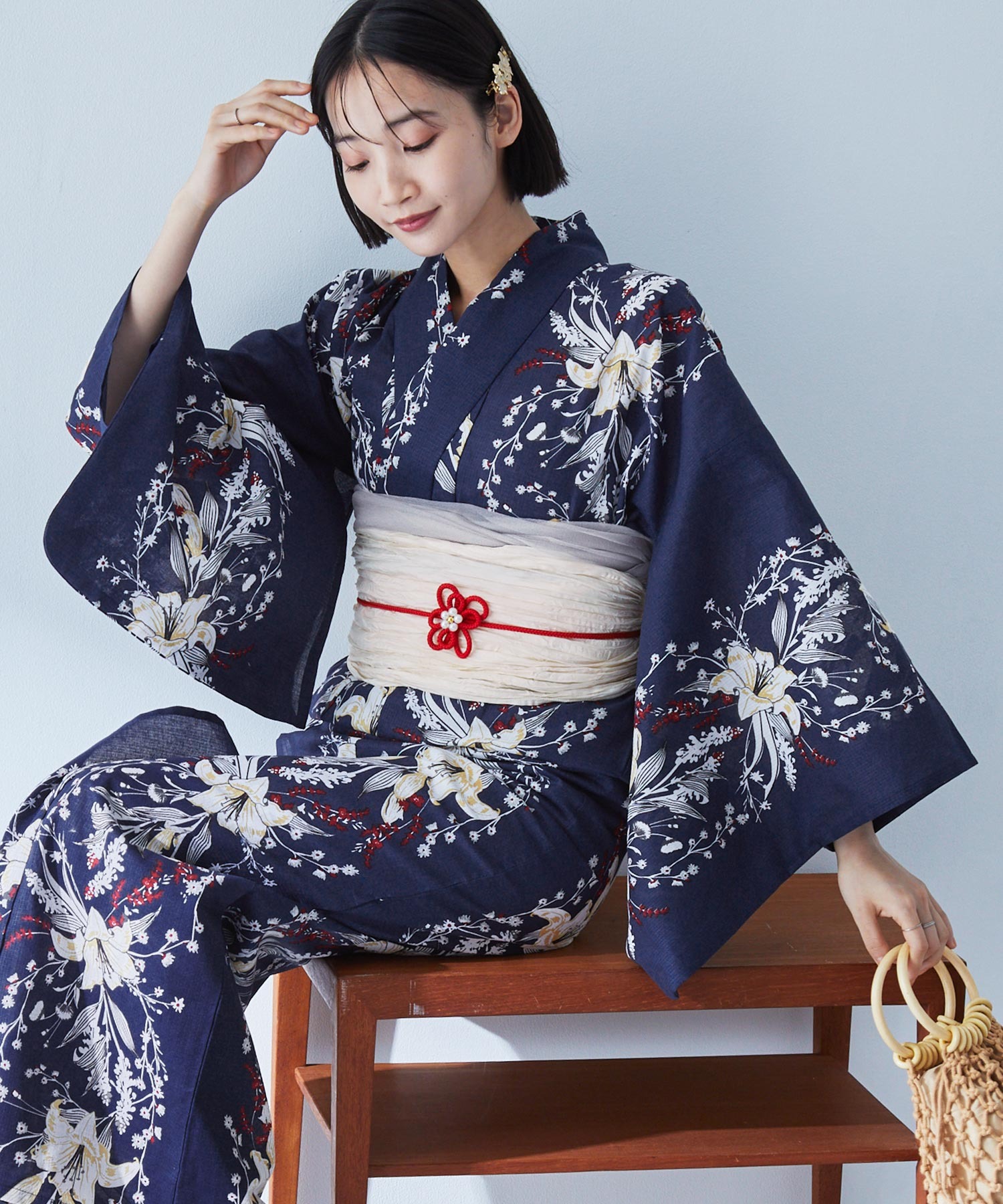 選べるアソート花柄 浴衣 5点セット【浴衣＋兵児帯＋飾り帯+帯留め+
