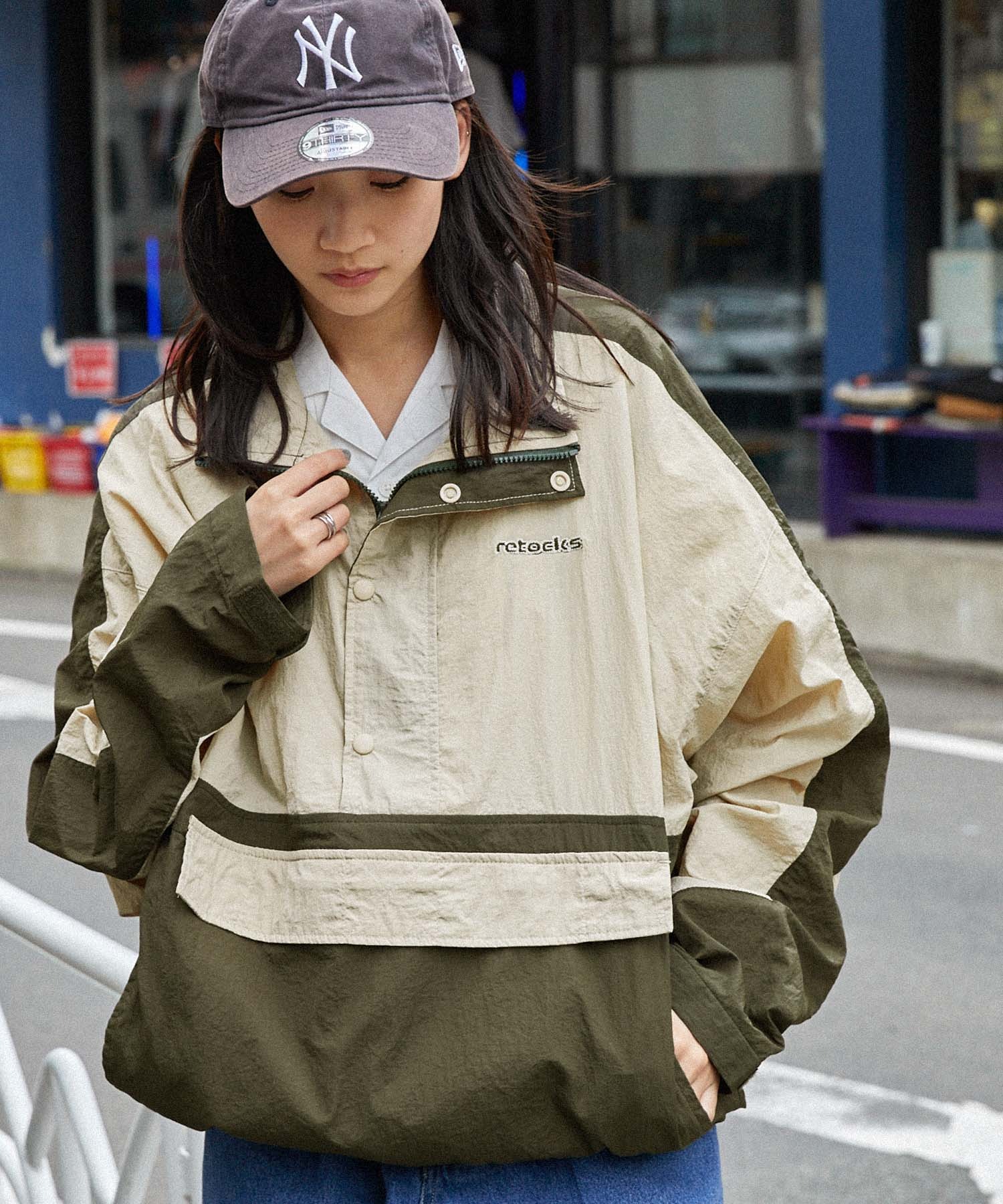 retock's】ロゴ刺繍 ナイロン ビッグアノラック切替スタンドブルゾン