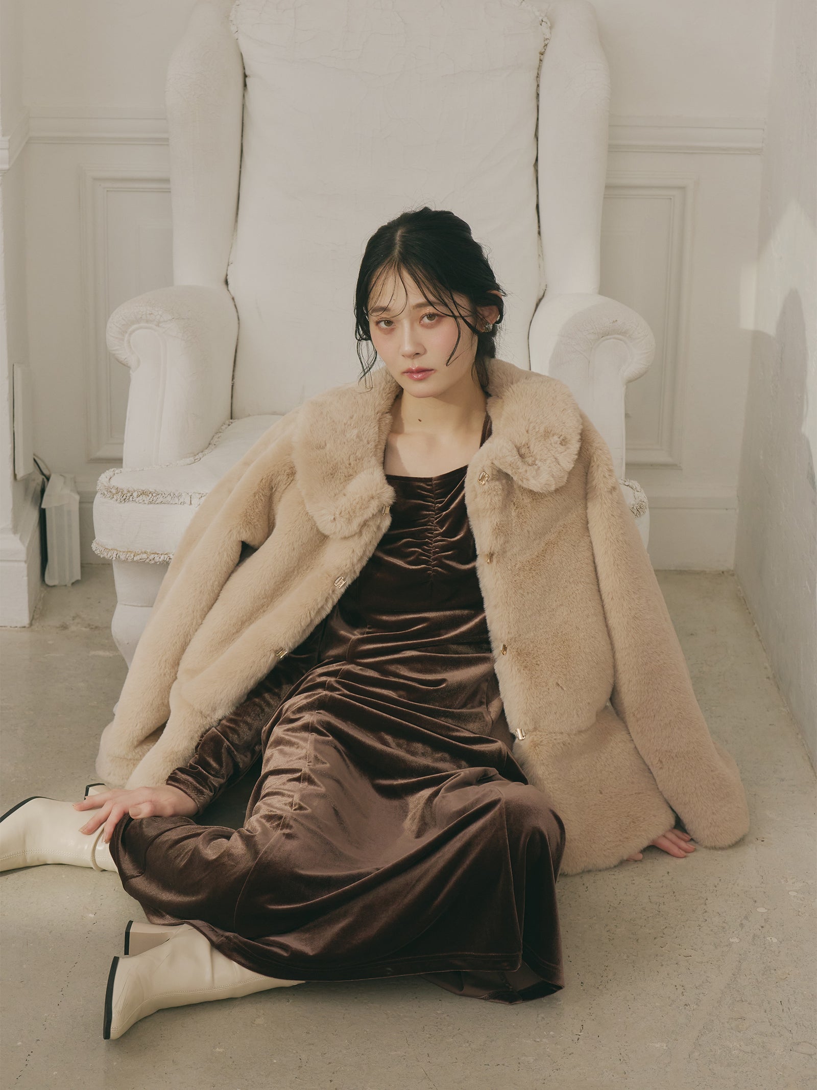 フロントギャザーベロアワンピース