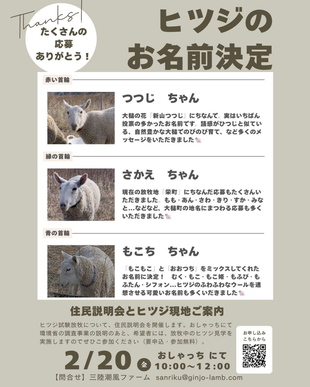 🎊ヒツジのお名前が決定しました！🎈 | 大槌町観光交流協会