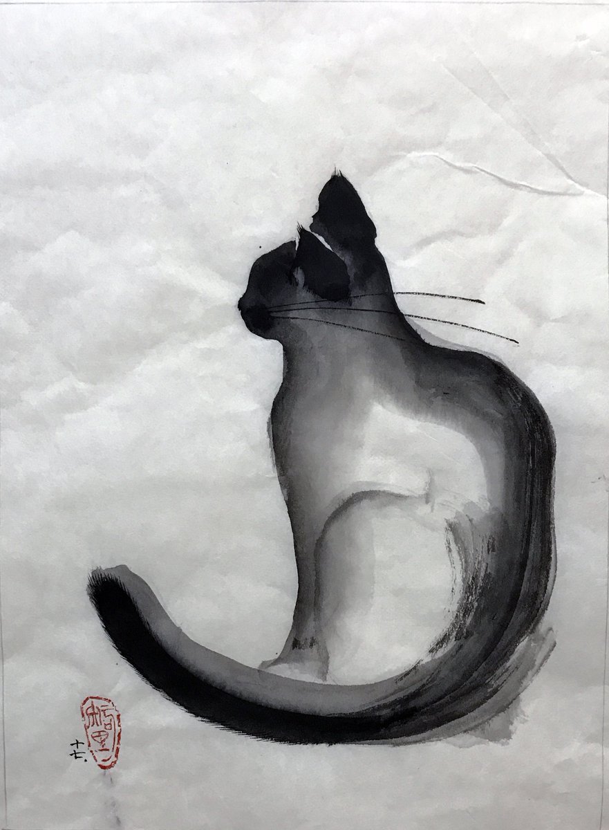 Ink Wash Painting: 水墨画「猫/ Cat」385×280mm #artist Chiri