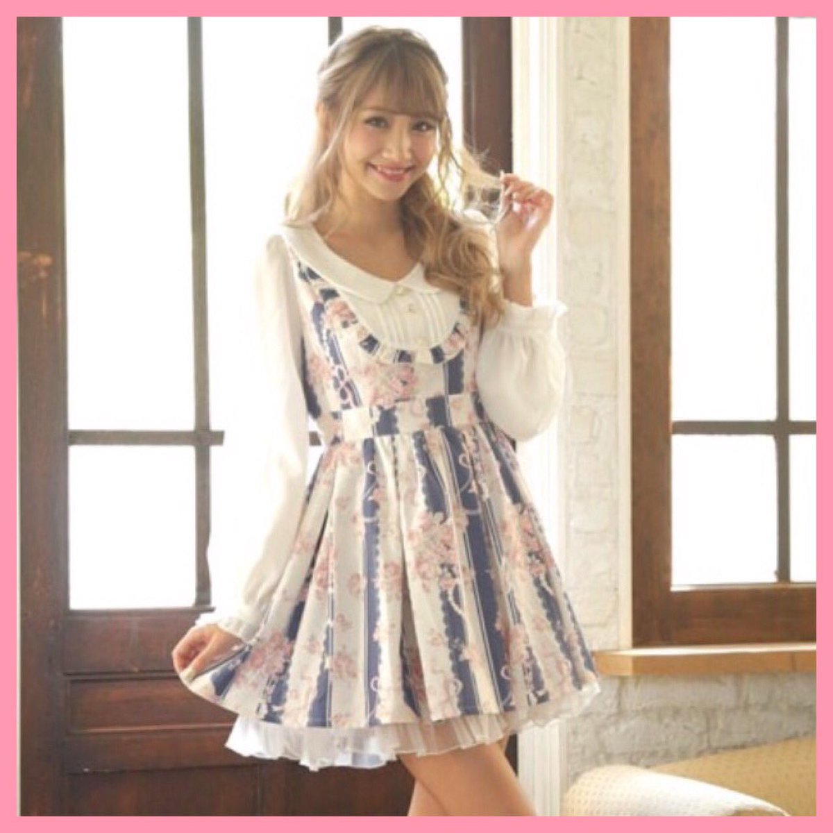 ふんわり✨LIZLISA ローズ柄 ストライプワンピース フリル お花ボタン