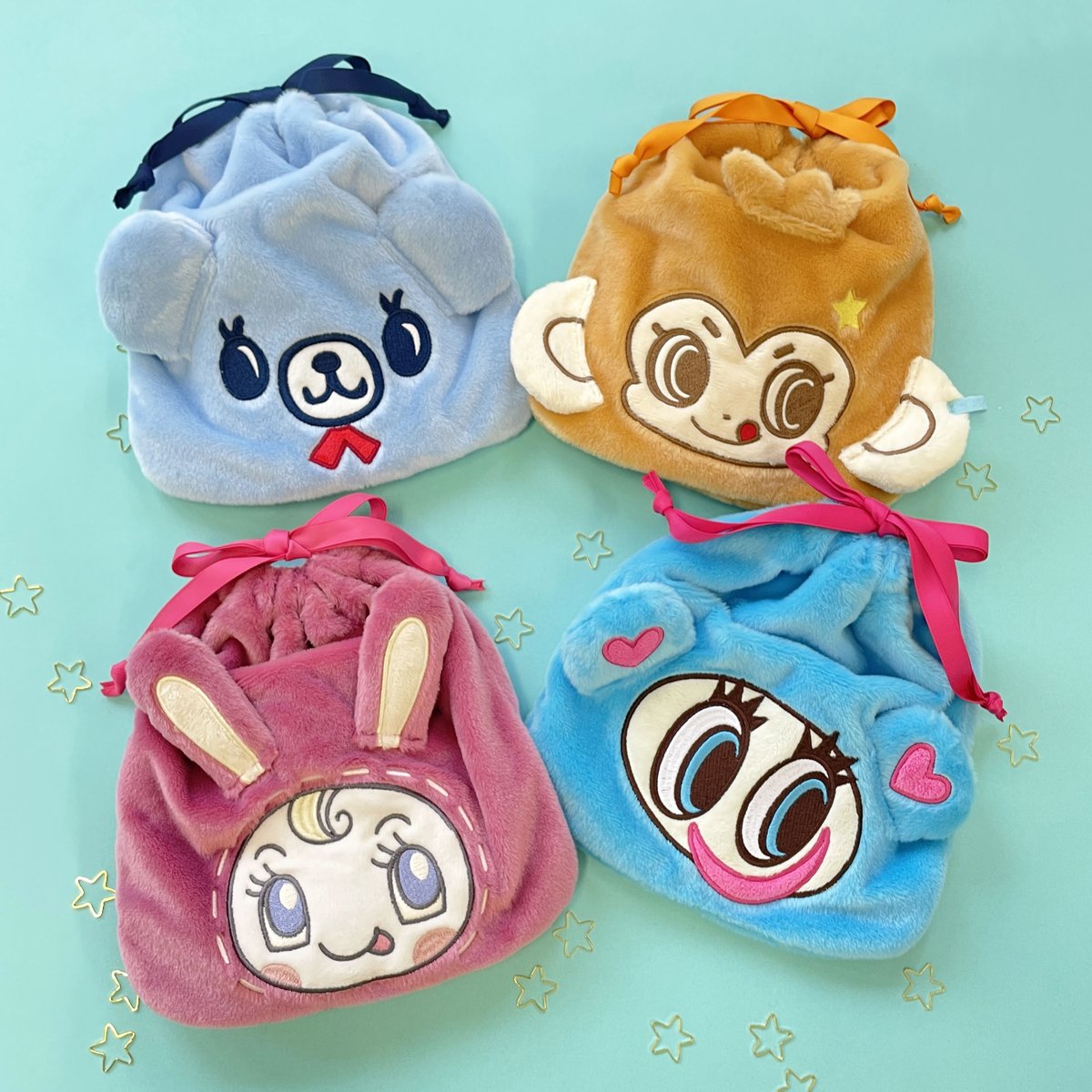 みんな〜なかよしキャラの巾着ができたよ🐰💕 ふわふわの手触りで