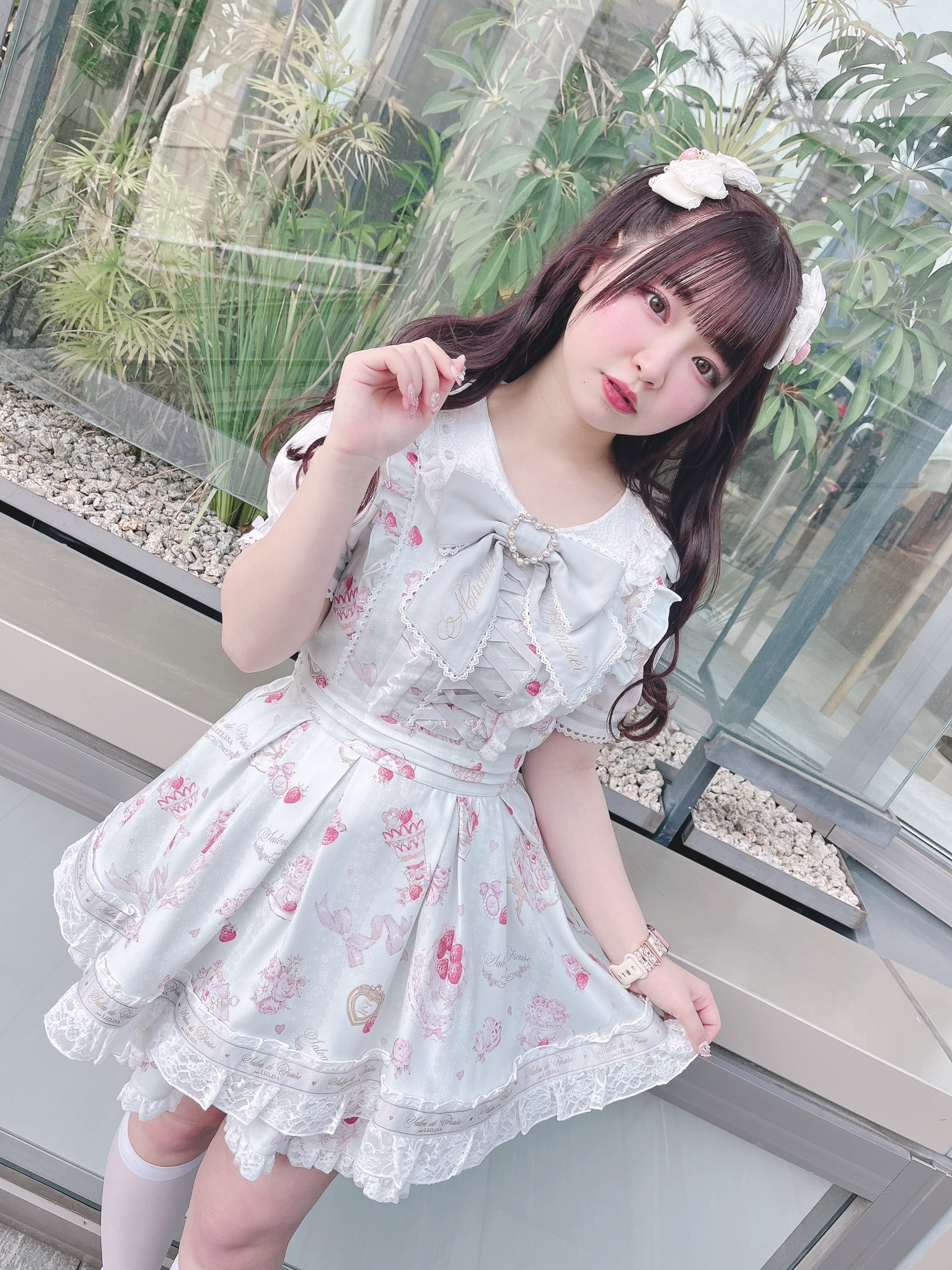 LIZLISA Salon de Fraise柄ワンピース 半袖 ピンク Salon de Fraise柄