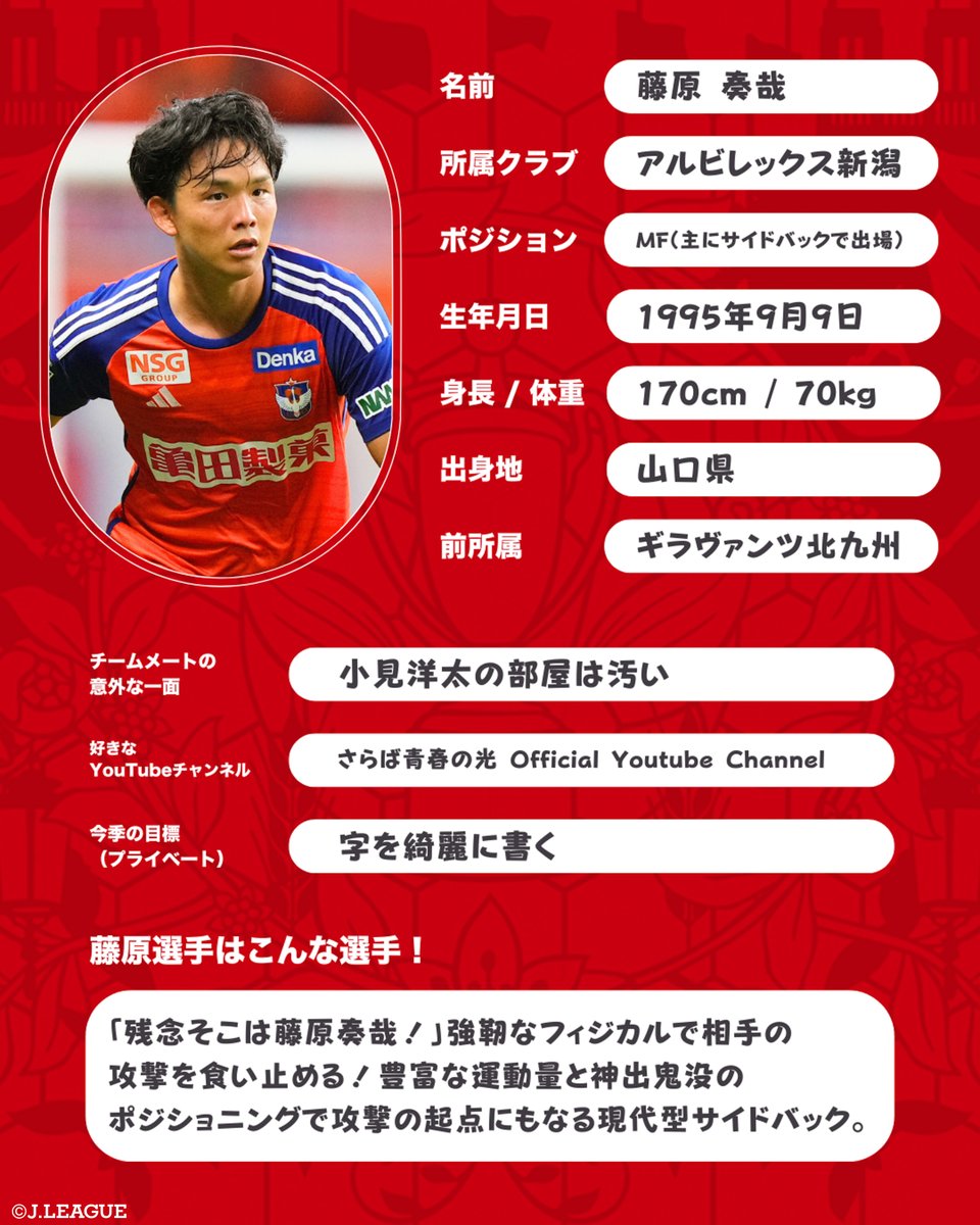 アルビレックス新潟 #藤原奏哉 選手のプロフィール📝 コメントで藤原