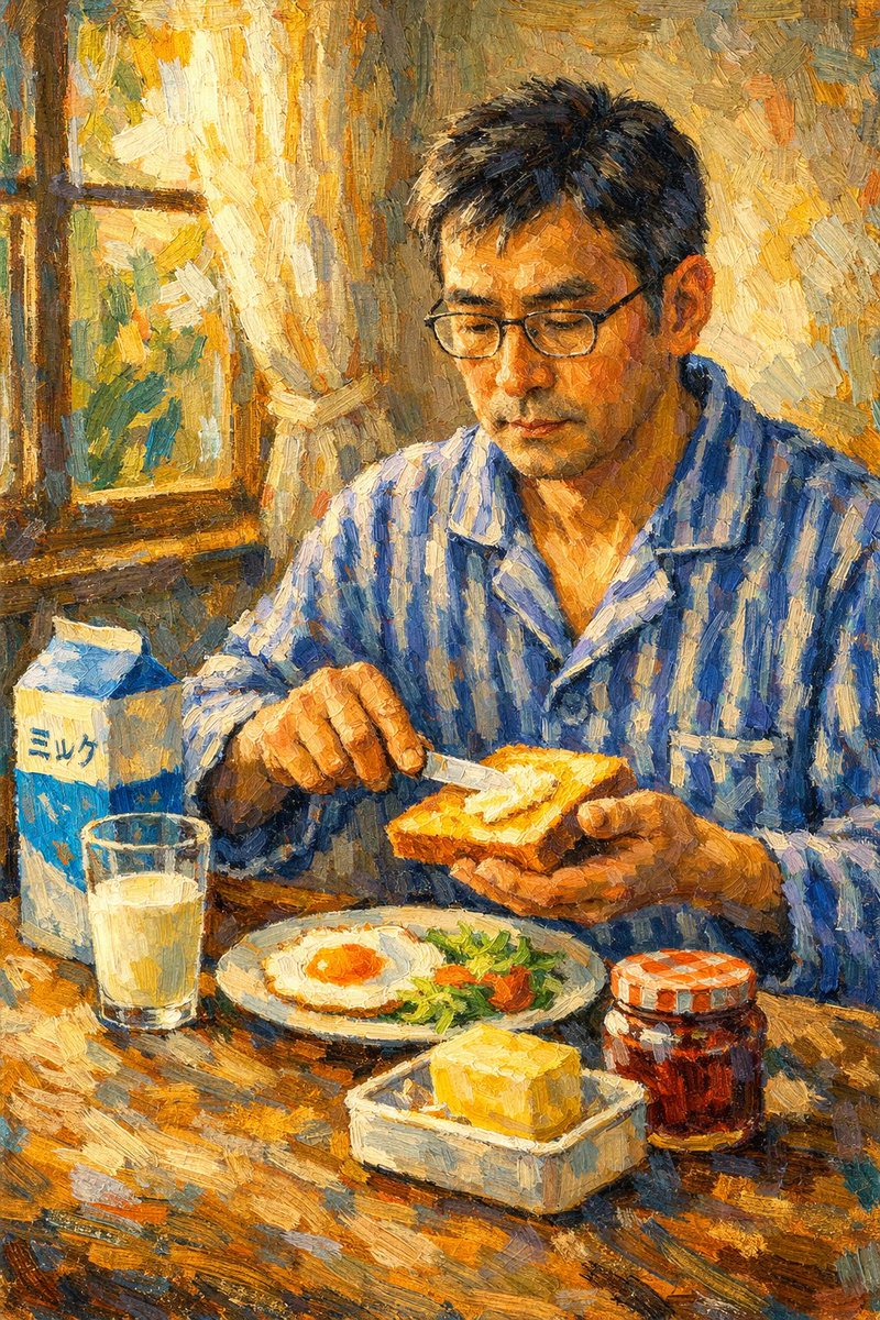 nonames74 印象派の油彩画風で、朝の食卓に座る中年の日本人男性