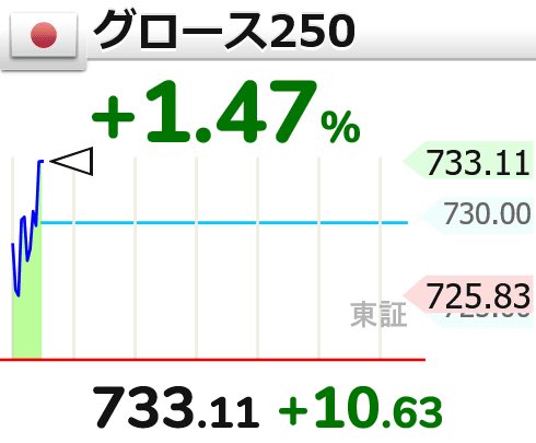 ⤴【🇯🇵グロース250 】+1.47％ 733.11 （+10.63）