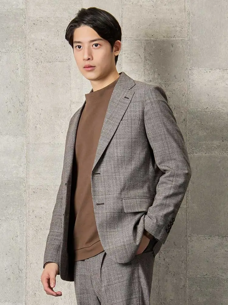 ブラウン リネン混 ウールシングルジャケット チェック ブラウン