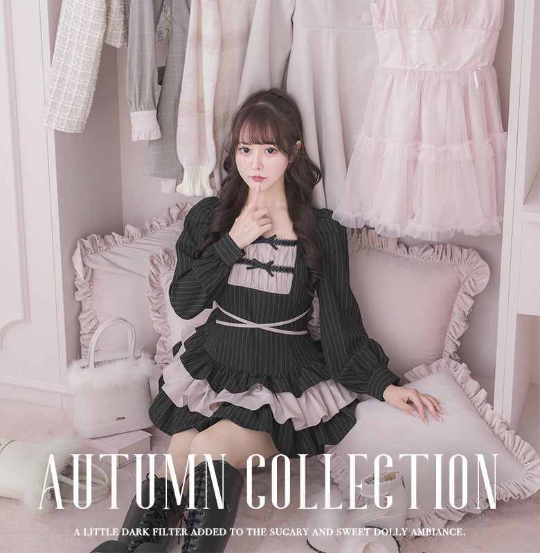 pium ピウム はしごリボンティアードセットアップ ブラックストライプ