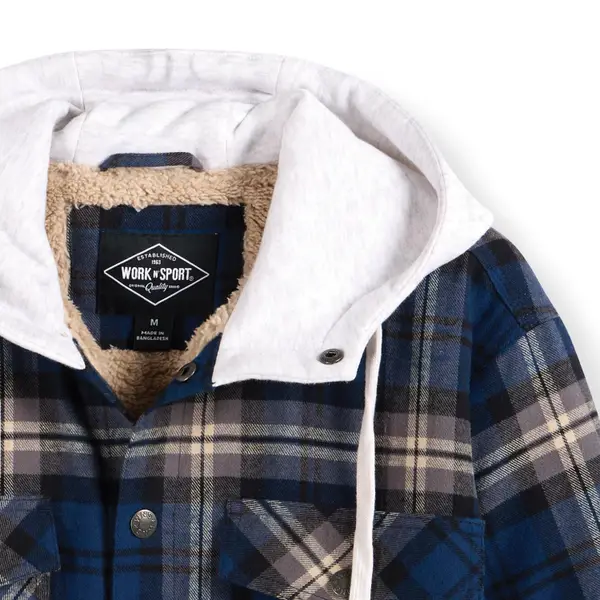 Work N' Sport Men's Hooded Berber Lined Snap Flannel Shirt Jacket