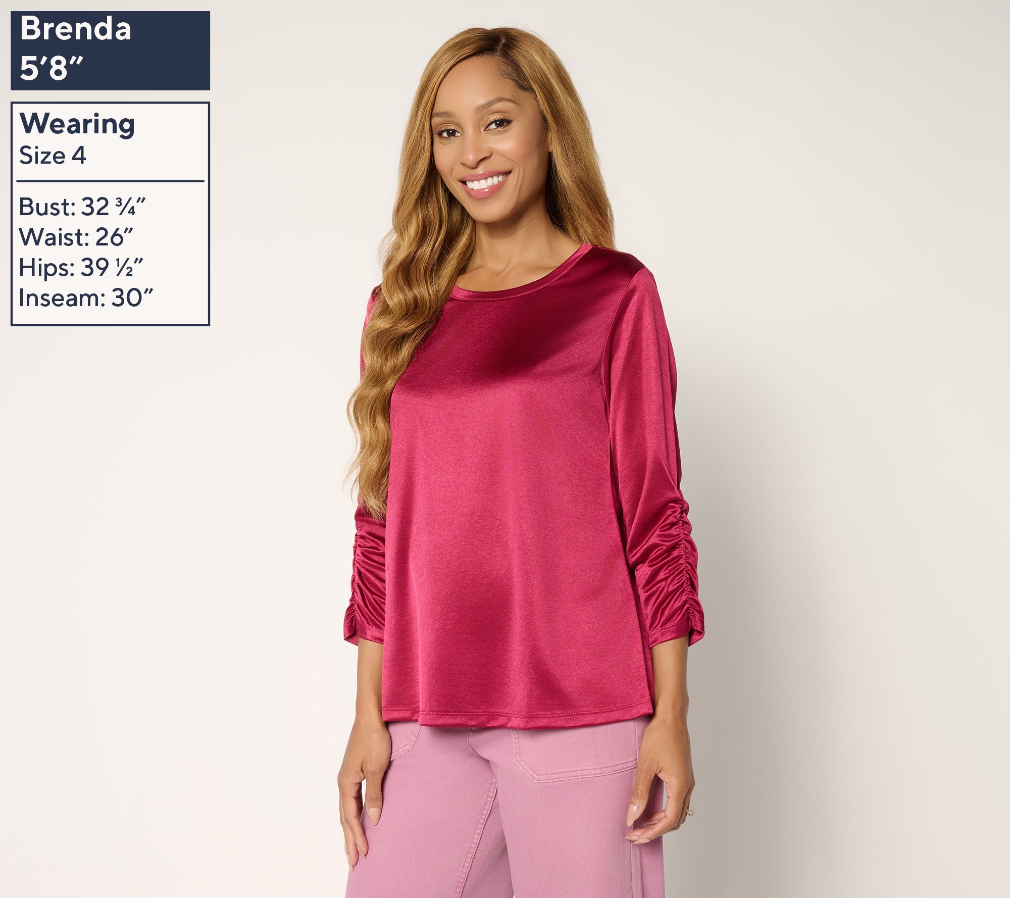 LOGO by Lori Goldstein Satin Knit 3/4 Ruched Sleeve Top - QVC.com