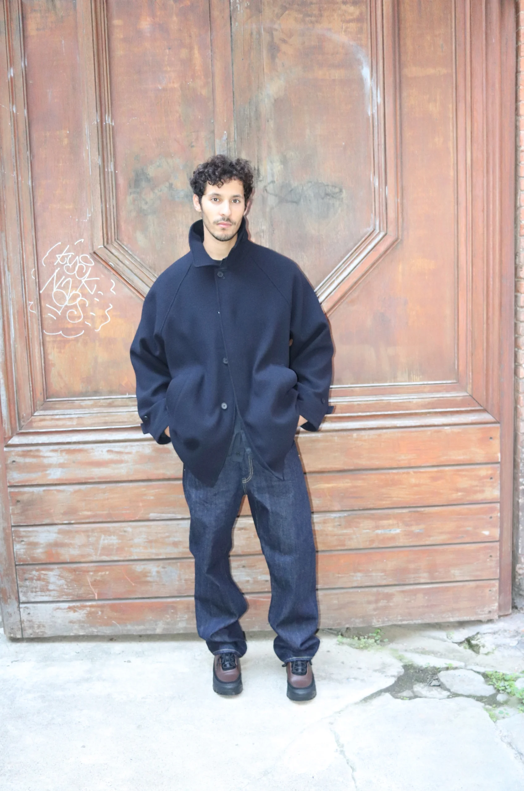 Still By Hand Wool/Nylon Half Coat Navy