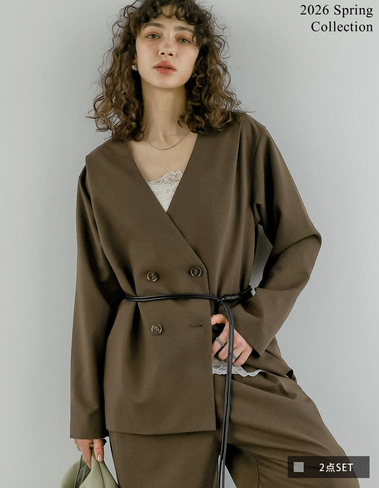 レザーベルト付ツイルノーカラージャケット - ジャケット/アウター通販