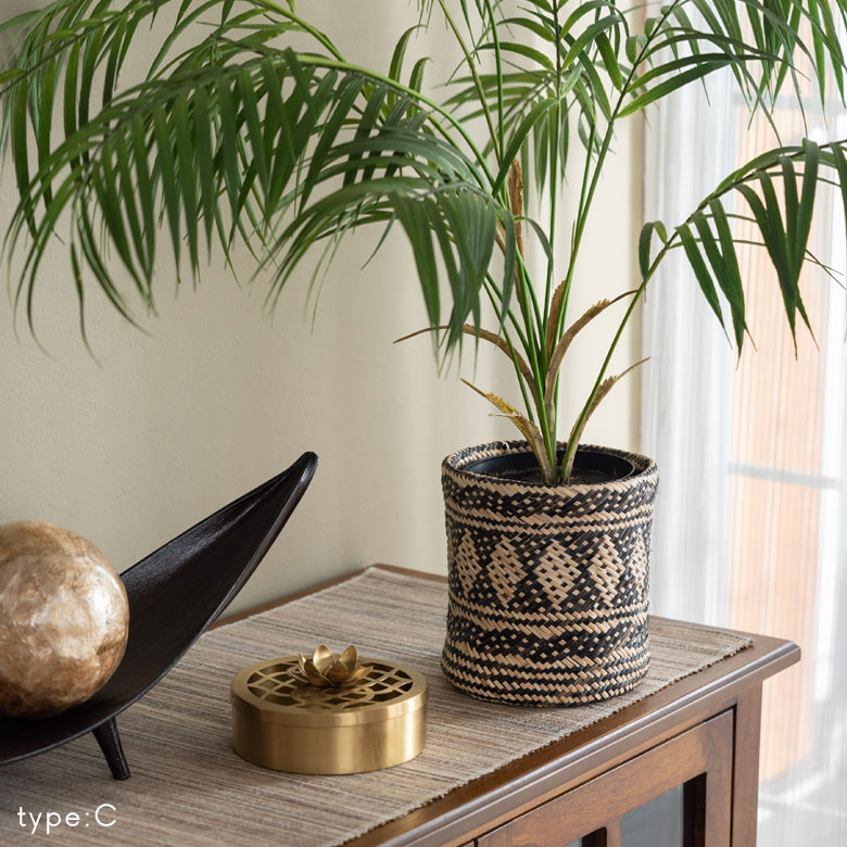 プランターカバー 筒形 円柱 ラタン製 ネイティブ柄 深型タイプ S 約