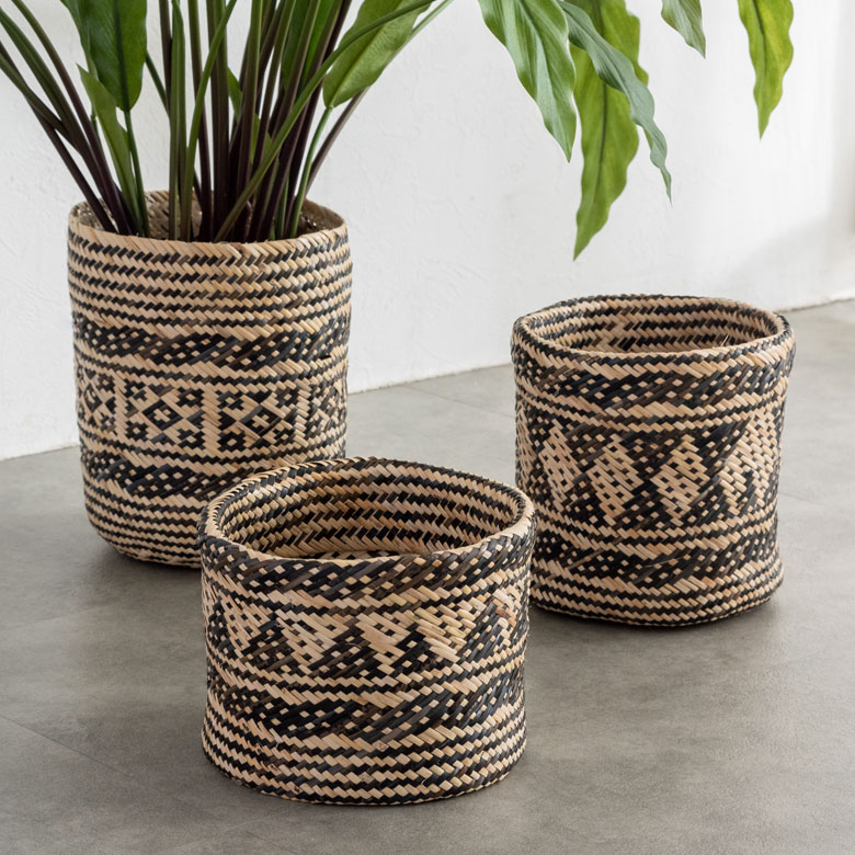 プランターカバー 筒形 円柱 ラタン製 ネイティブ柄 深型タイプ S 約