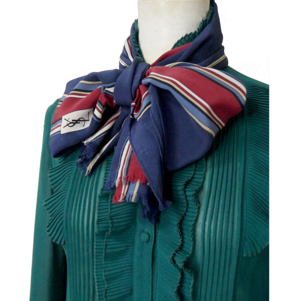 YVES SAINT LAURENT チェック柄フリンジシルクロングスカーフ