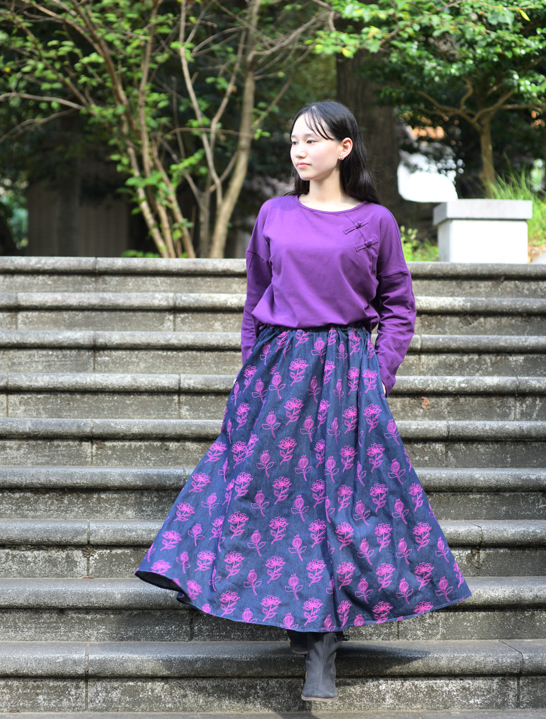 フォレストフラワーデニム刺繍フレアースカート☆SALE☆