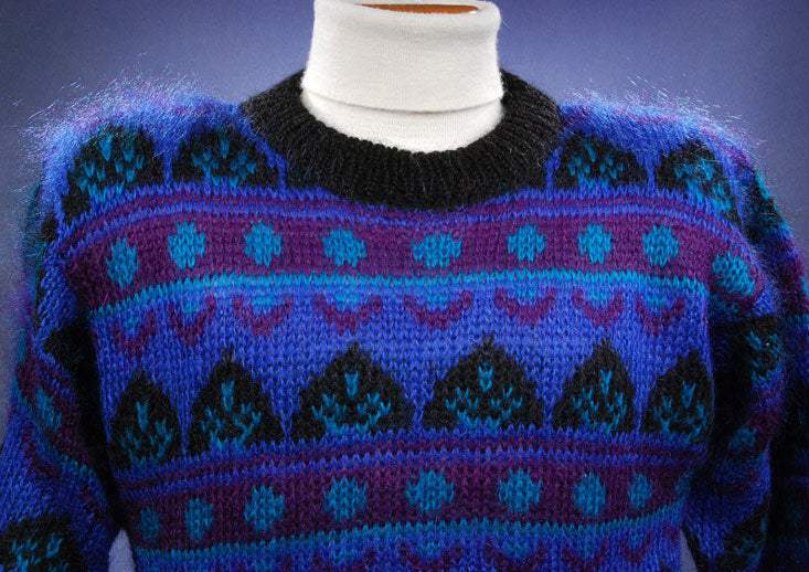 Woman's Blue multi-colored Retro Crewneck Mohair Sweater by