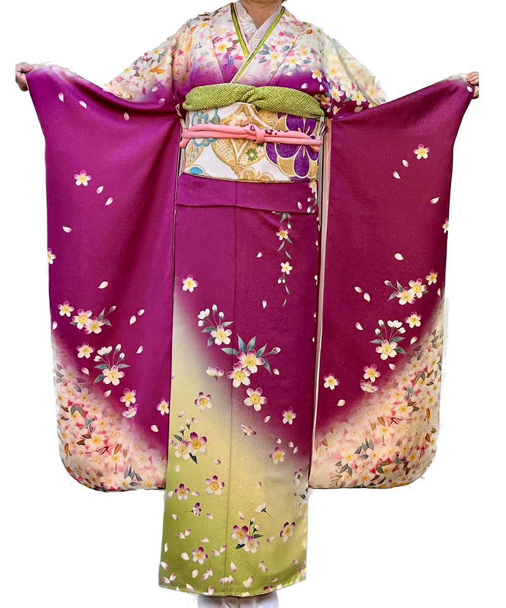 赤紫 桜│ 5分で着られるレンタル着物、ボタン着物専門店│ぎゃらりぃ
