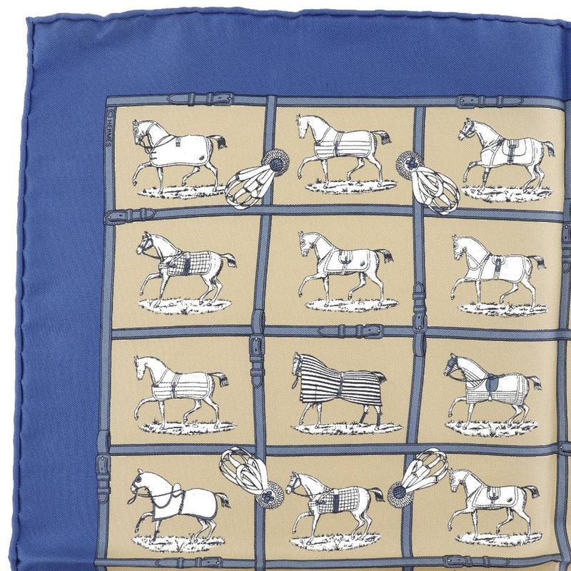 HERMES】エルメス カレ45 馬柄 シルク 青/黄 ユニセックス スカーフ A