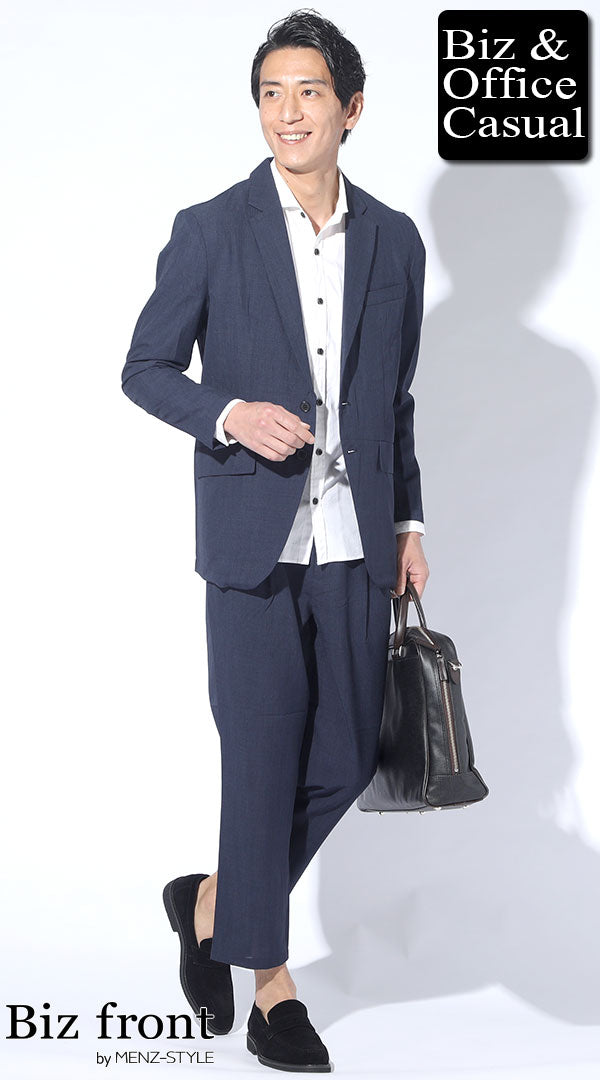 ネイビージャケット×白シャツ×ネイビーアンクル丈パンツ×黒スエード