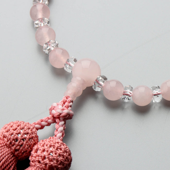 数珠 女性用 紅水晶7mm 水晶平切子コンビ 上仕立 正絹房 (珊瑚色