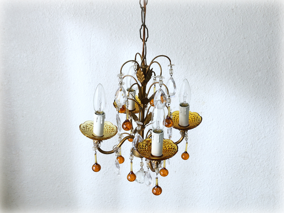 ムラーノアンバーガラス&クリアドロップ ゴールドギルトシャンデリア(4