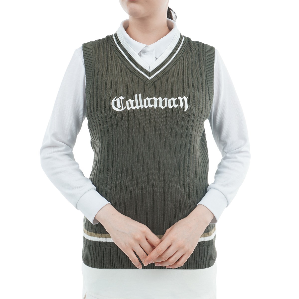 Callaway 刺繍 長袖 Vネック ケーブル ニット セーター キャロウェイ
