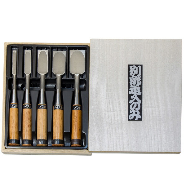 楽天市場】□播州三木 集成材鑿 赤樫柄 5本組 木箱入 ハイス鋼 追入鑿