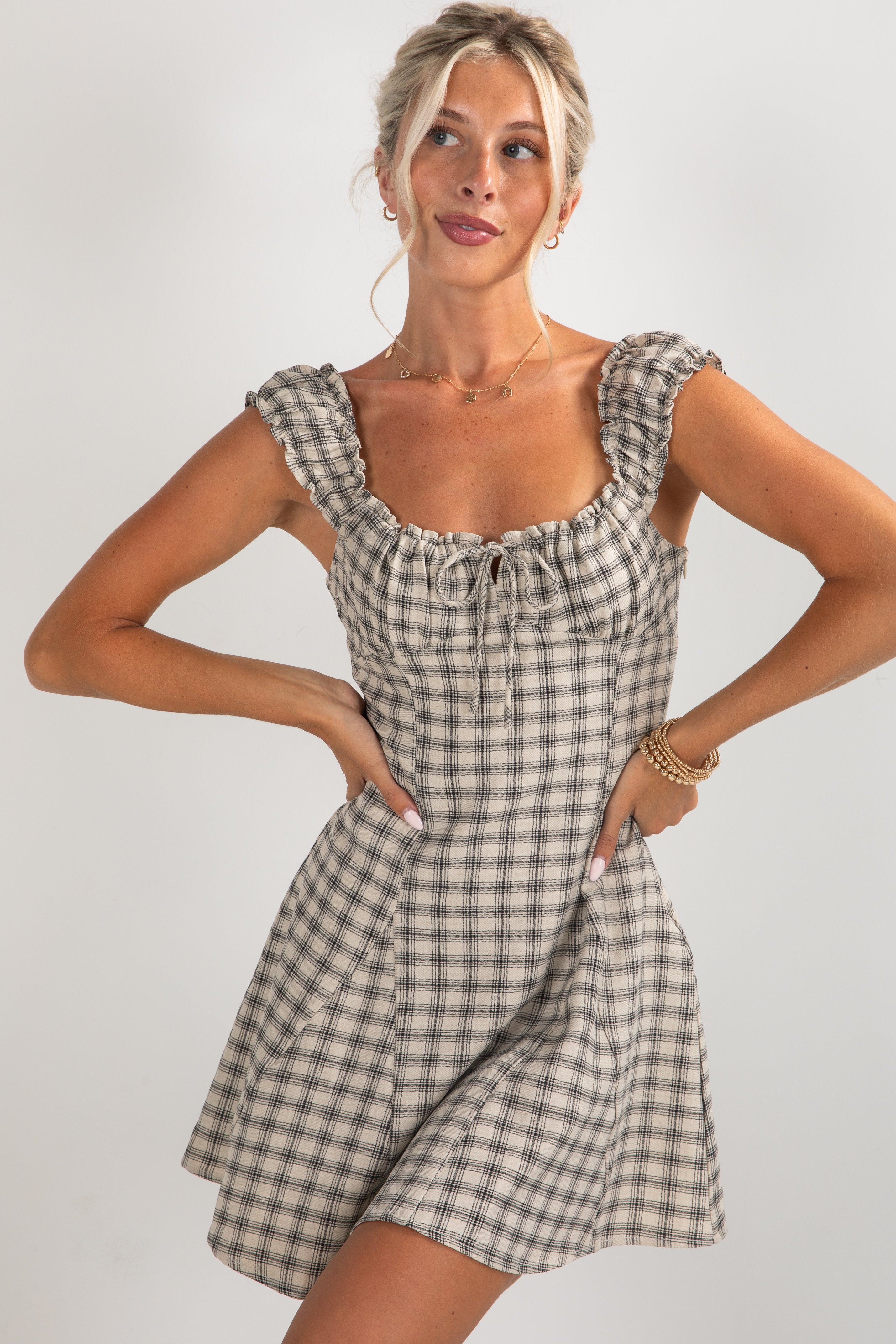 Cute Cream Plaid Mini Dress | Fall Dresses For Women | DressUp