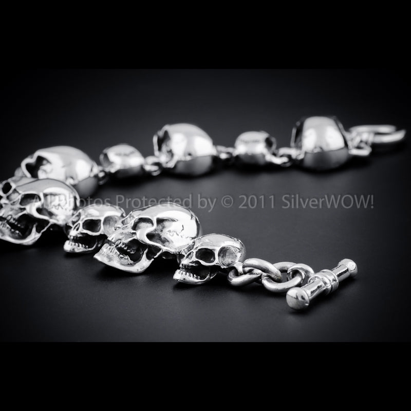Skull Bracelet Solid Sterling Silver - Featuring 2 Size Skulls