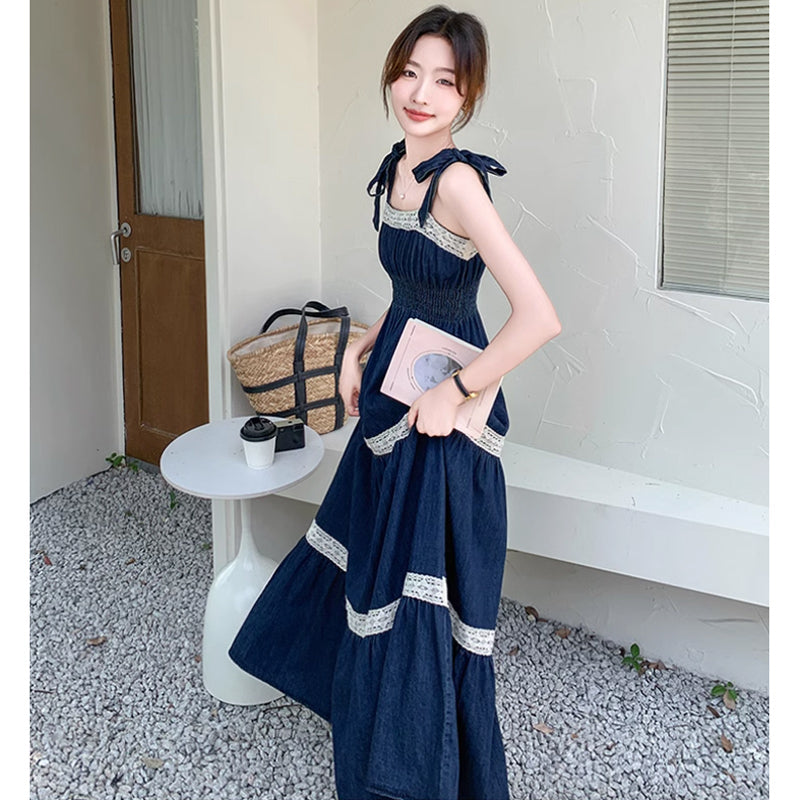 リボンストラップワンピース（紺）春/夏 ヘルシーな肌見せデザイン