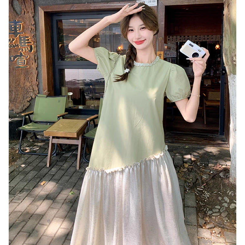 ツートンギャザースカートワンピース（緑・白）春/夏 ゆるっとAライン