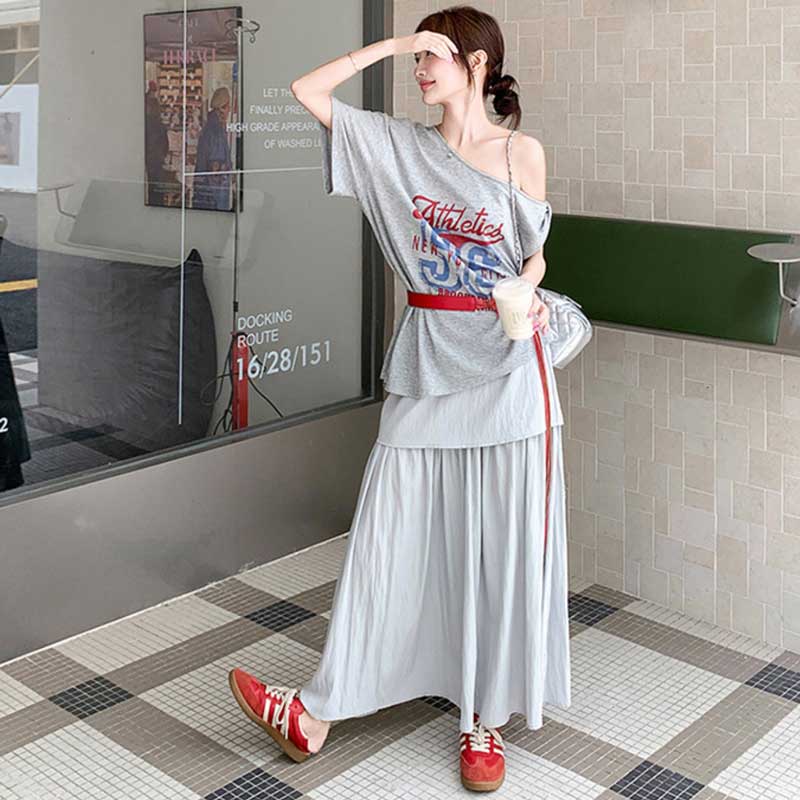 ワンショルロゴTセットアップ（灰）春/秋 ルーズな肌見せスタイル