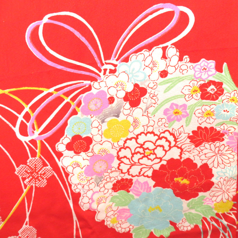 襦袢 振袖用 昔 花くす玉文様 希少 赤 多色 アンティーク 正絹
