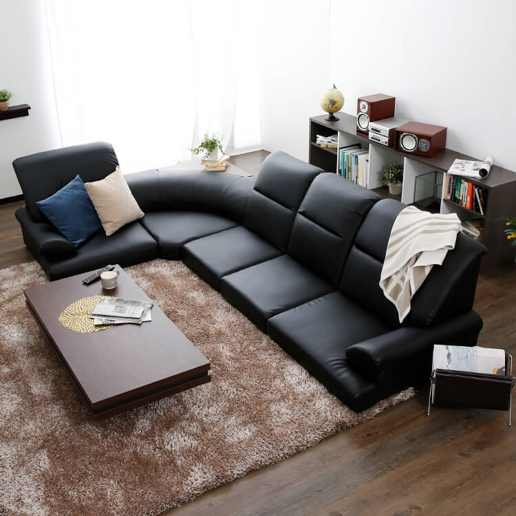 3人掛けローソファ(ブラック/アイボリー/ブラウン)コーナーテーブル