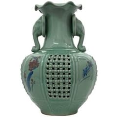 花器 高麗青磁 壺 海泉 透かし彫り 象耳飾り 中古 インテリア 骨董