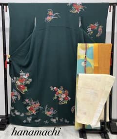 振り袖 フルセット 浜ちりめん 別誂長襦袢 深緑 個性的 友禅 成人式