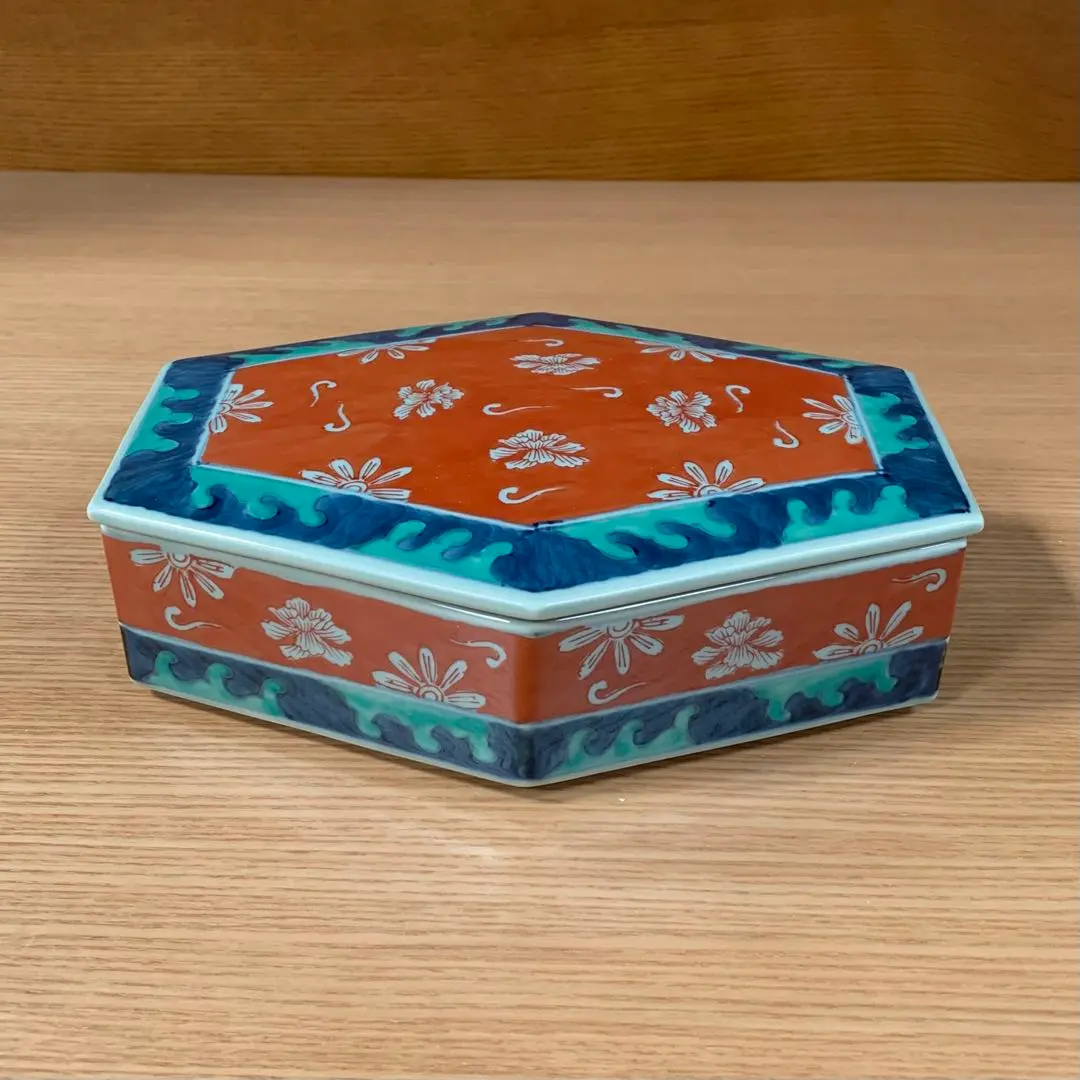 阿部眞士造染付丸文長方面取陶筥共箱新品?未使用?